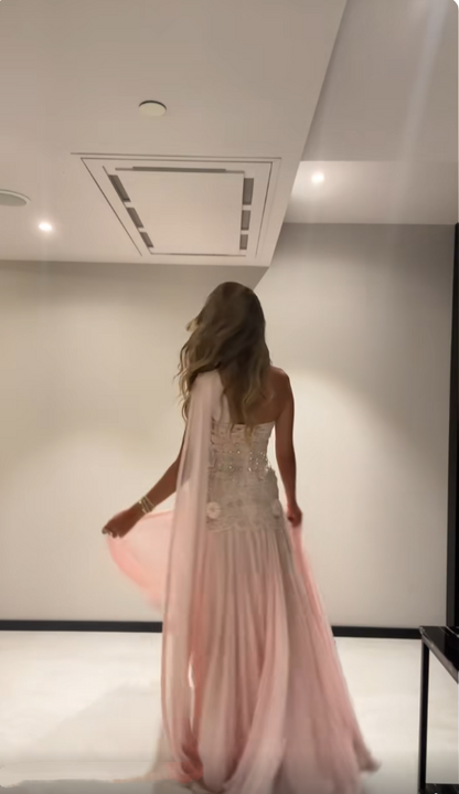 Luxurious Mermaid One Shoulder Pink Chiffon Sleeveless Beadings Floor Length Prom Dress Graduation Gown N889