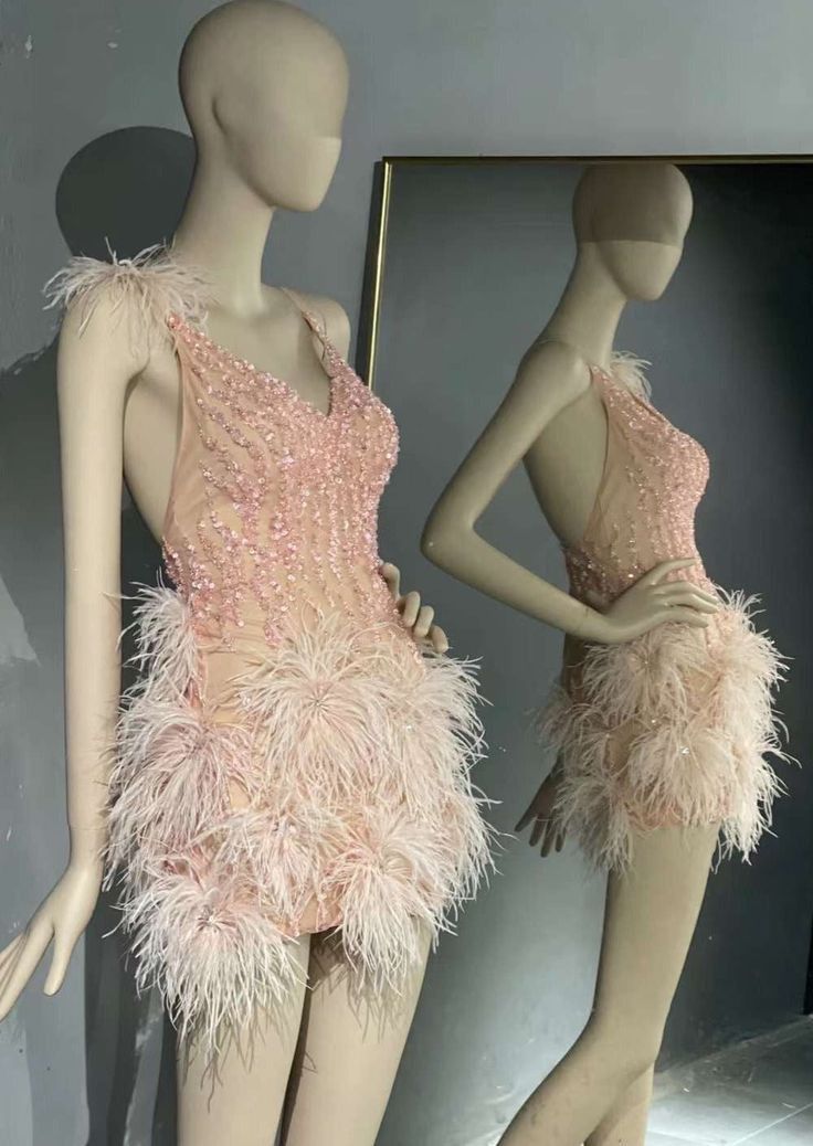 Unique Sheath Spaghetti Strap Pink With Feathers Tight Bodycon Short Birthday Outfit Inspo Hoco Dress Homecoming Dresses RB4122
