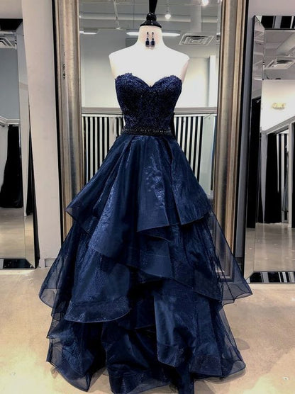 Modest Ball Gown Sweetheart Navy Blue With Silver Beads Prom Dresses Long Sweet 16 Birthday Party Dress Evening Dresses AB1131