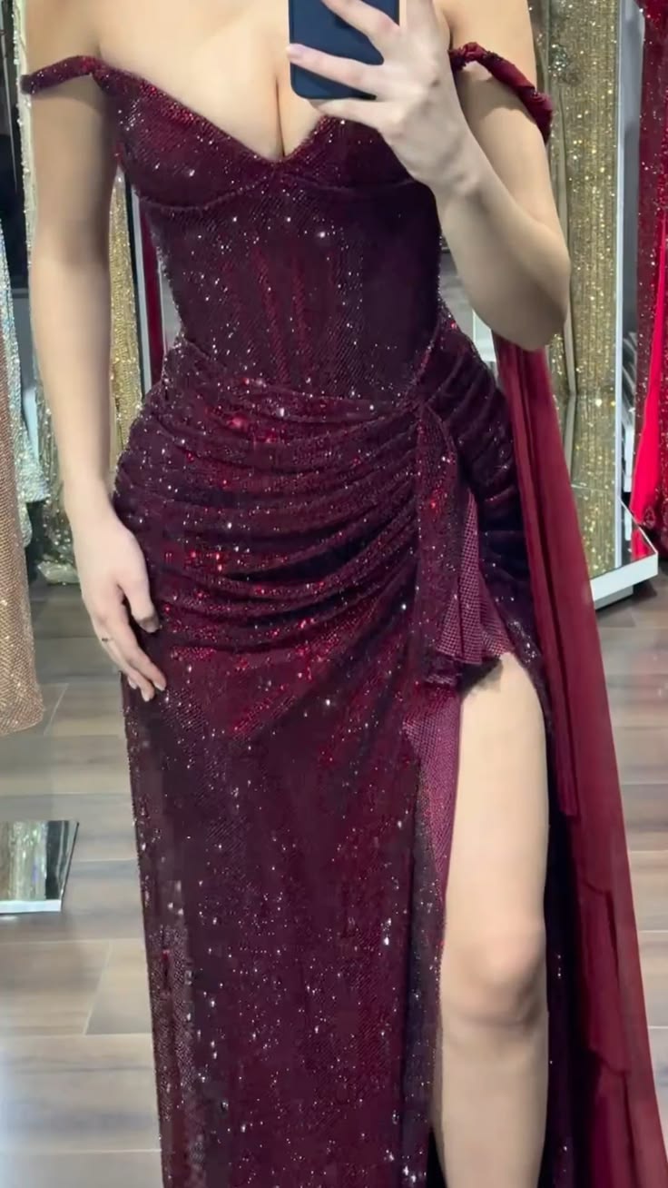 Prom Dress Mermaid Sparkly Off Shoulder Burgundy Sequined For Black Girls Women Floor Length Graduation Party Dress RC1021
