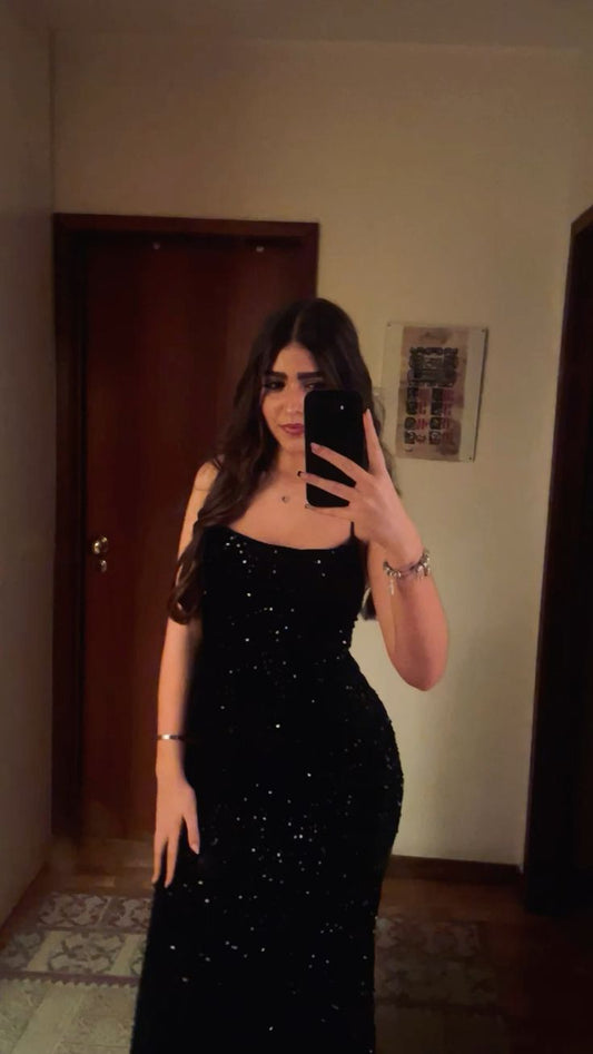 Elegant Sheath Spaghetti Straps Black Sequins Sleeveless Long Prom Dresses 18th Birthday Outfits AB2402