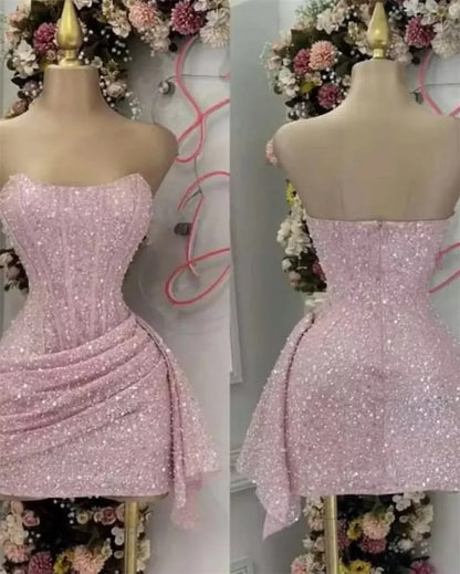 Cute Sheath Strapless Pink Sequin Mini Short Formal 8th Grade Homecoming Dresses Summer Middle School Hoco Dress N4736