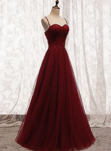 Straps Dark Red Beaded Sweetheart Long Formal Dress, Junior Prom Dress AB703