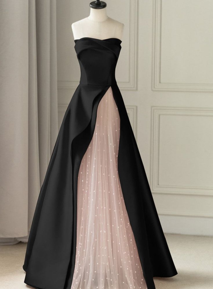 Charming A line Strapless Black Satin Pink Tulle Prom Dresses Vestidos De Dia AB536