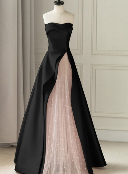 Charming A line Strapless Black Satin Pink Tulle Prom Dresses Vestidos De Dia AB536