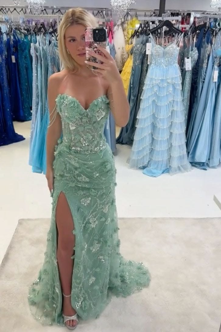 Prom Dress Mermaid Sparkly Off Shoulder Green Tulle Flowers For Teens Girls Women Floor Length Graduation Party Dress RC1030