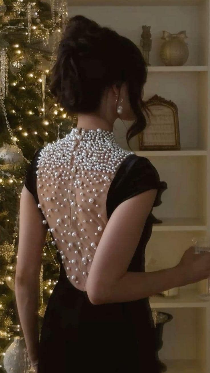 Black Velvet Evening Dress With Pearl Embellishments Party Dress Birthday Prom Dress AB1634