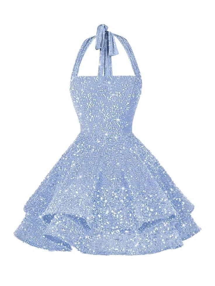 Sweet 16 dress inspo Hoco dress Ball Gown Halter Blue Sequin Short Mini Hoco & Homecoming Dresses Inspo Graduation Outfits RB6644