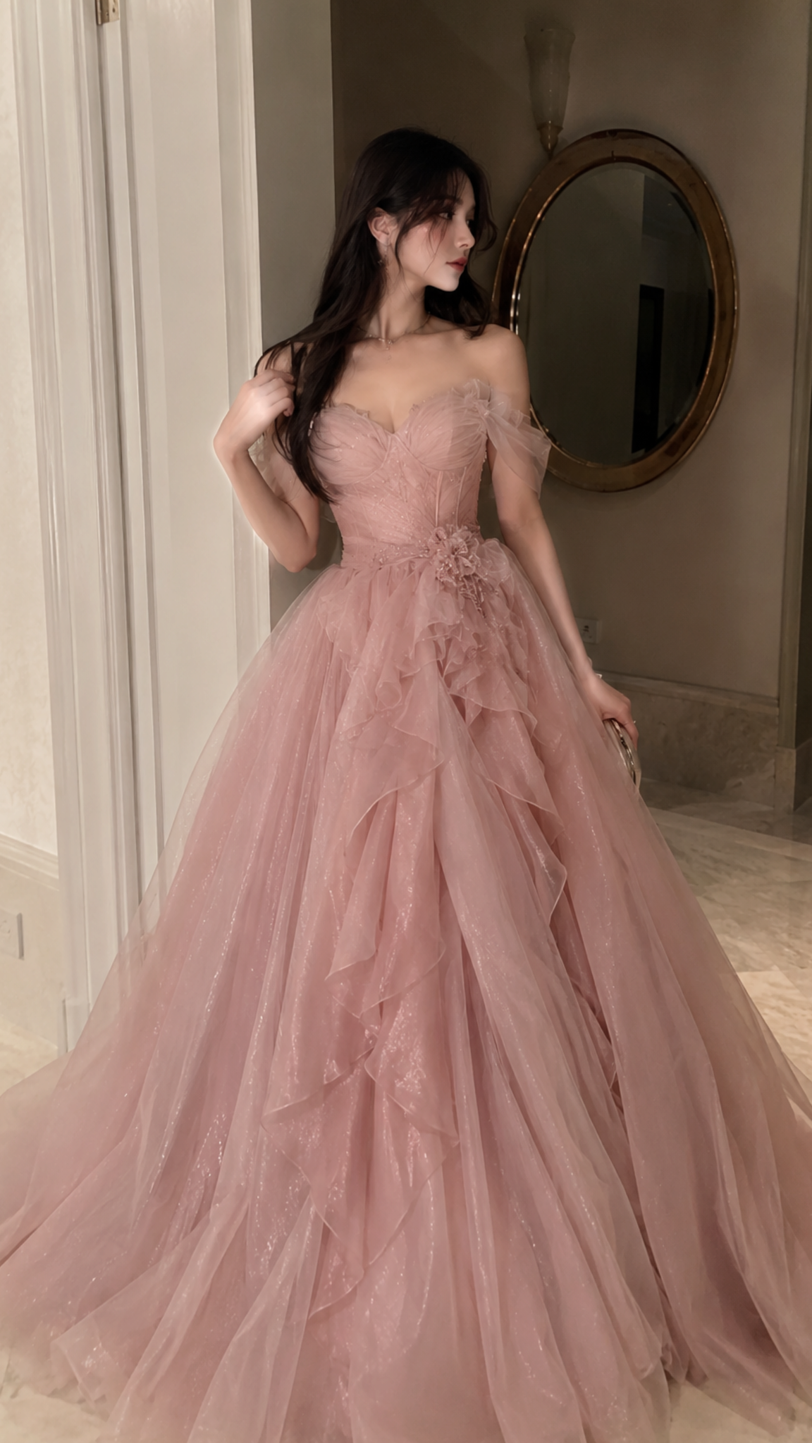 Fairy Pink Prom Dress Ball Gown Off The Shoulder Princess Long Party Evening Formal Gown RC1159