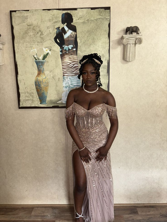 Whimsical Mermaid Off The Shoulder Pink Sequin Beaded Bodice With Slit Long Prom Dresses Night Formal Dress N641