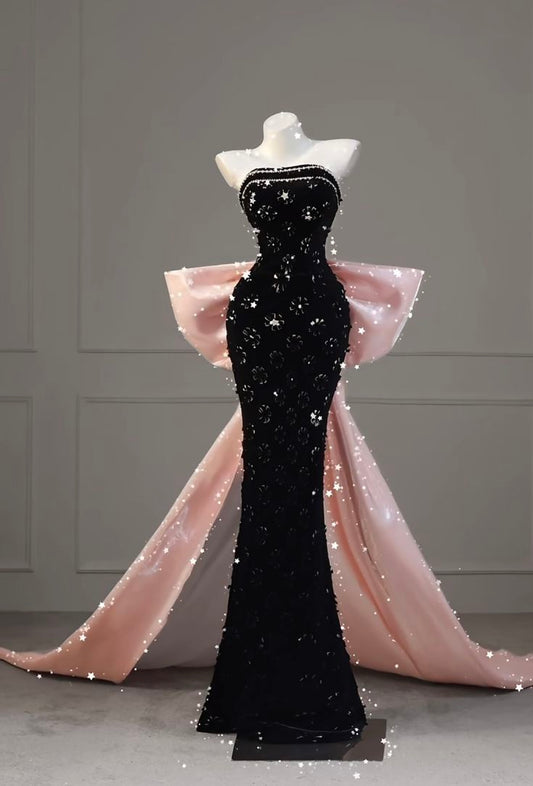 Elegant Mermaid Strapless Black Sequins Long Floor Length Prom Dress With Bow Inspiration Prom Dresses AB112
