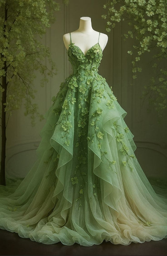 Modest Ball Gown Spaghetti Straps Green Tulle Prom Dresses Long Sweet 16 Birthday Party Dress Evening Dresses AB1161
