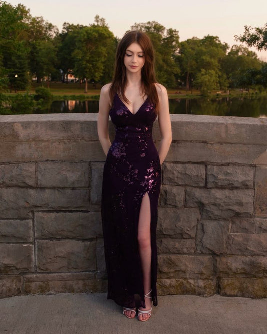 Sexy Sheath Spaghetti Straps Grape With Slit Sequin Evening For Women Party Dress Long Formal Prom Dresses 22th Birthday Gown AB1338