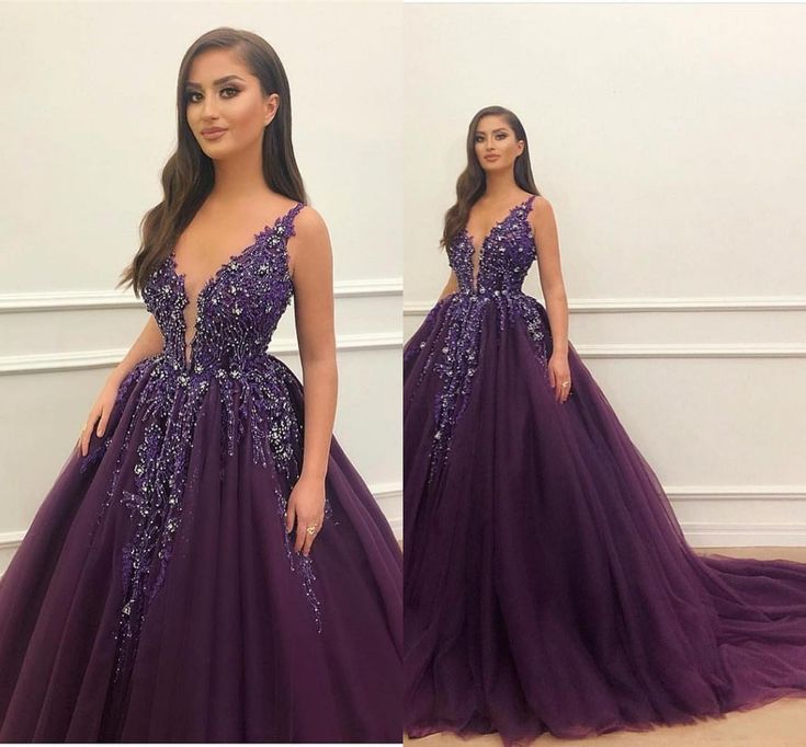 Ball Gown V Neck Purple Tulle Prom Dresses Graduation Dance Evening Outfits N044