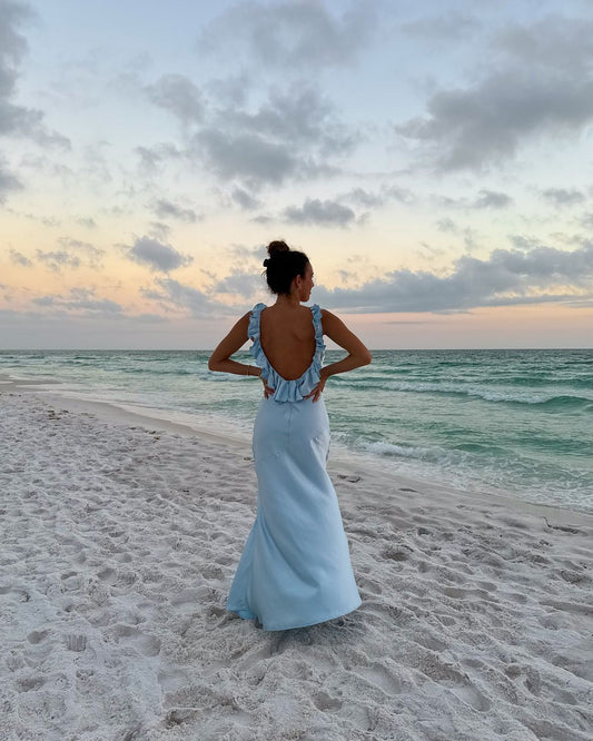 Simple Mermaid V Neck Blue Chiffon Summer Spring Inspiration Long Wedding Guest Dress Birthday Outfits N1635