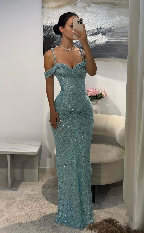Glitter Bodycon Blue Straps With Sequined Long Prom Dresses Mermaid Bodycon For Women N4114