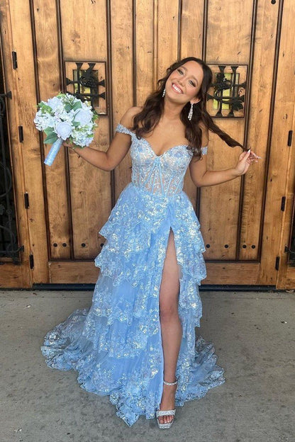 Pretty Off The Shoulder Pink Lace Slit Long Formal Prom Dresses Evening Dress Formal Party Gowns AB480