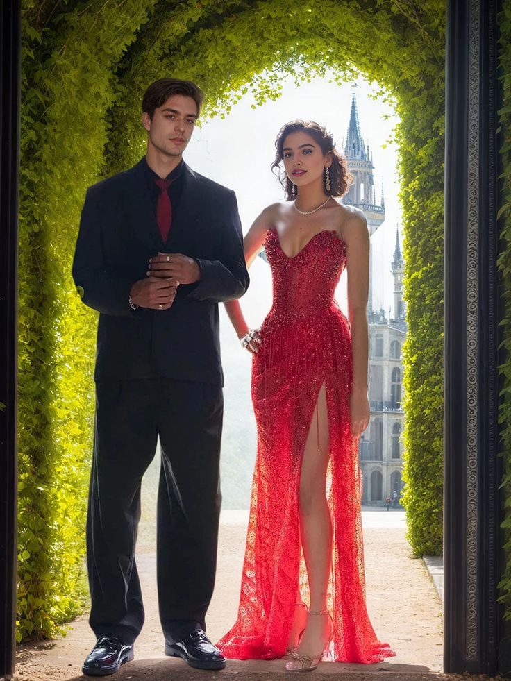 Red Strapless Beaded Fringe Waist Sequin Prom Dress with High Slit For Women AB1546