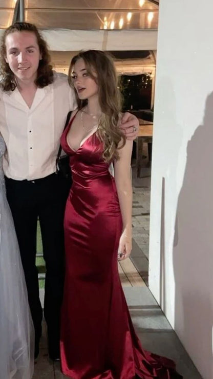 Sexy Mermaid Halter Burgundy Satin For Women Party Dresses Long Formal Prom Dresses 22th Birthday Gown AB1340