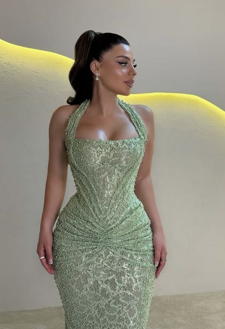 Shinning Mermaid Halter Sequin Mint Green Prom Dresses For Teens Formal Dress Party Outfits Prom Gown RB2004