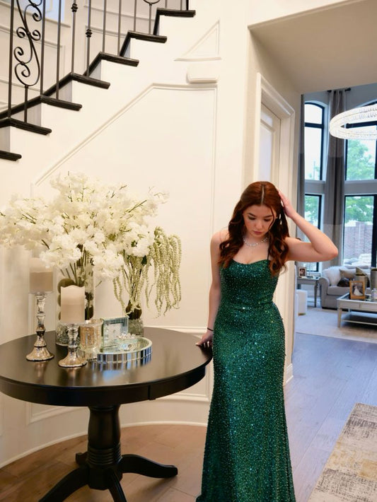 Cute Spaghetti Straps Dark Green Sequins Mermaid Long Prom Dresses For Women AB1475