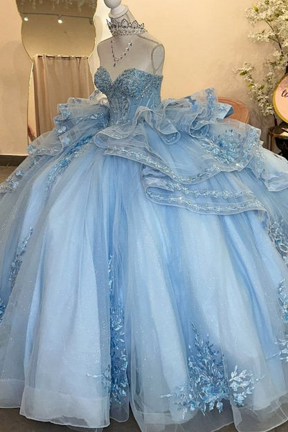 Unique Ball Gown Sweetheart Blue Tulle With Multi Layered Long Prom Quinceanera Dresses Sweet 15 16 Birthday Gown AB1237
