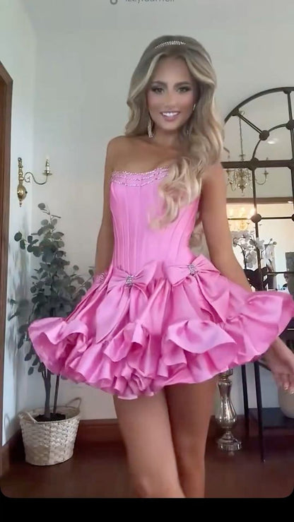 Sexy Ball Gown Strapless Pink Satin For Black Girl Short Homecoming Dress Senior High School Ideas Inspo Short Hoco Court Gowns RB7288