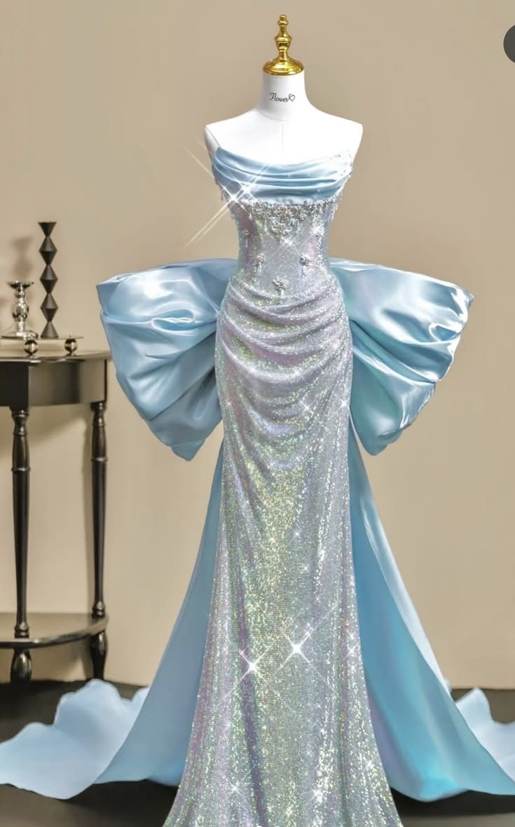 Prom Dress Mermaid Sparkly Strapless Blue Satin Beading Sequin For Teens Girls Women Floor Length Graduation Party Dress RC1036