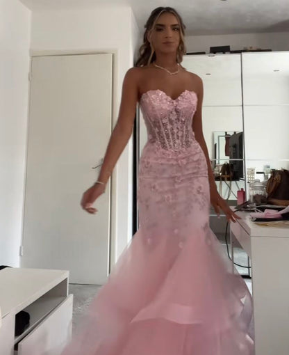 Mermaid Sweetheart Sleeveless Tulle Pink Long formal dresses AB941