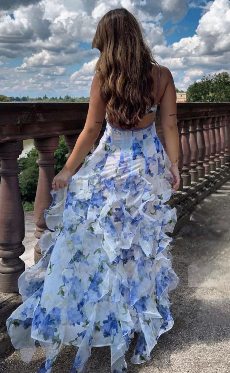Mermaid Ruffle Floral Print Floor Length Prom Dresses AB923