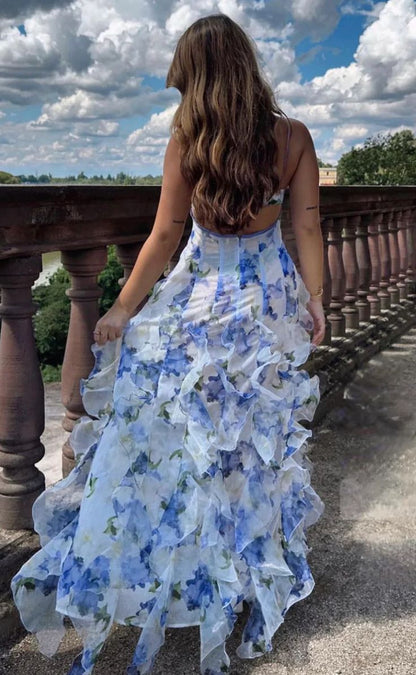 Mermaid Ruffle Floral Print Floor Length Prom Dresses AB923