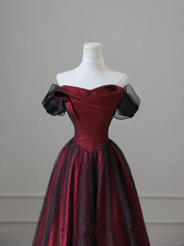Black and Red Tulle Prom Dresses Long A-line Off Shoulder Wedding Party Gown Birthday Gowns AB916