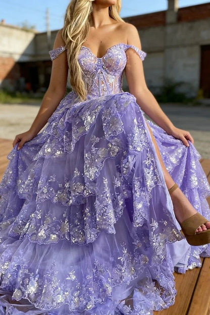 Sparkly Ball Gown Off The Shoulder Lace Slit For High School Teens Girls Prom Dresses Sequin Long Formal Evening Party Gowns N791