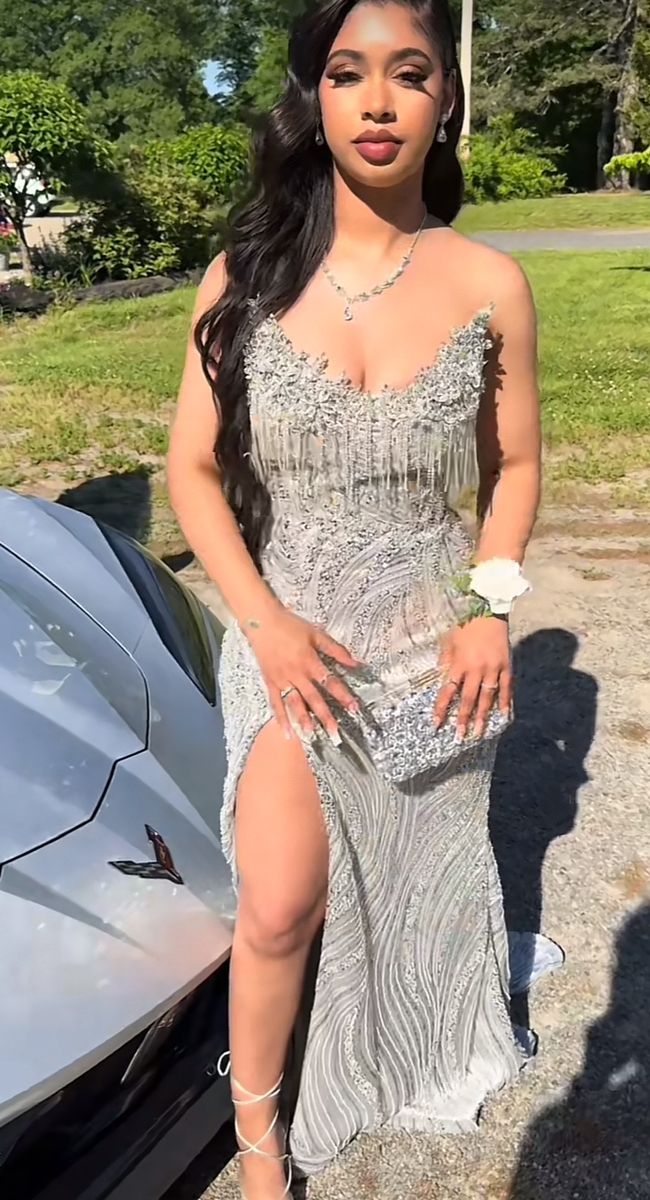 Glittery Mermaid Sweetheart Prom Dresses For Black People Girls Silver Sequin Beaded Crystals Long Formal Slit Evening Party Gown N814