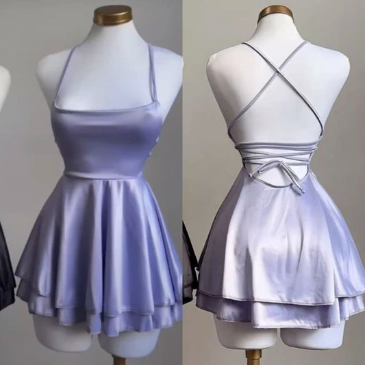 Minimalist A Line Spaghetti Strap Lilac Backless Satin Semi-formal 12th Grad Inspo Short Mini Homecoming Dresses RB4579