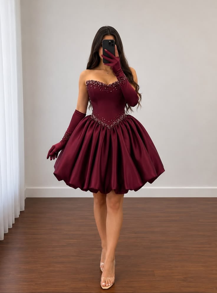 Unique Hoco Photo Ideas Ball Gown Burgundy Strapless Senior Year Short Homecoming Dresses Inspo Cocktail Hoco Outfits RB8915