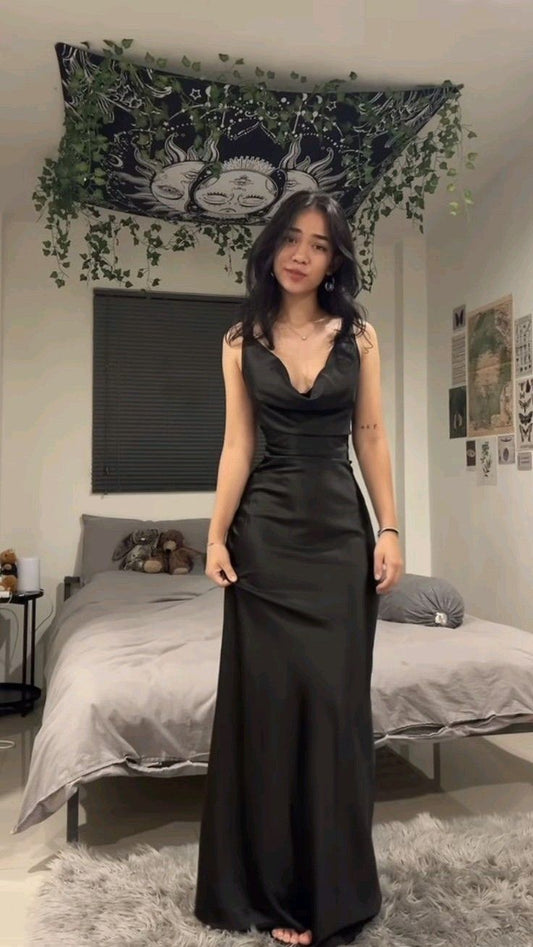 Modern A Line V Neck Black Satin Prom Dress Fashion Aesthetic For Teens Formal Dresses Party Outfits Prom Gown AB1141