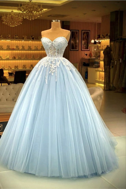 Modest Ball Gown Sweetheart Light Sky Blue Tulle Prom Dresses Long Sweet 16 Birthday Party Dress Evening Dresses AB1162