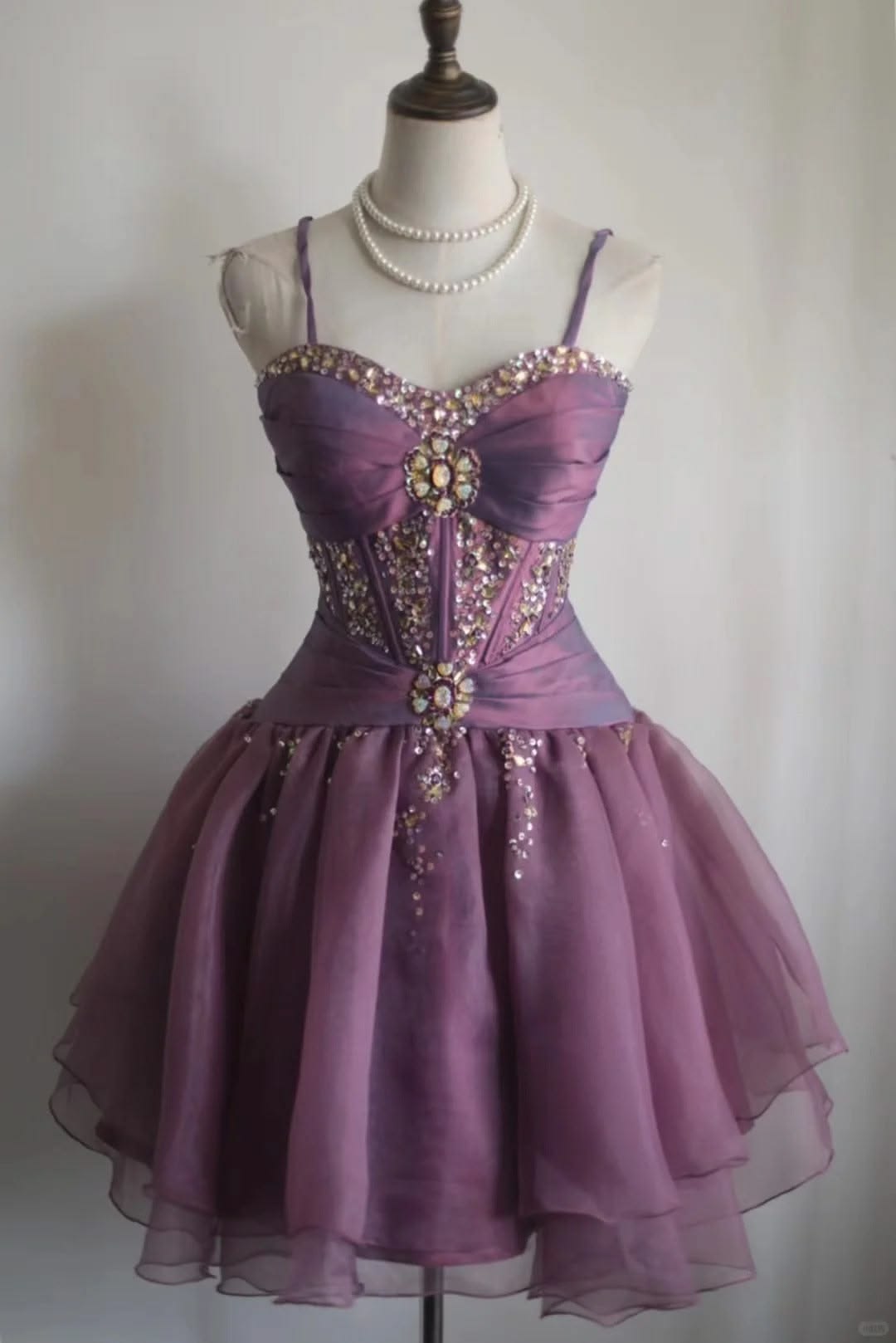 Retro Purple Beading Design A-line Tulle Spaghetti Strap Party Dresses Homecoming Dresses RB8341