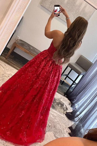 A line Royal Blue Sequined Lace Long Prom Dress with Pockets Formal Evening Gowns AB499