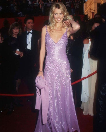 Gorgeous Deep V Satin Beaded Evening Gown Purple Formal Party Prom Dress Vestidos De Dia AB489