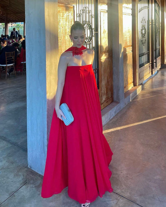 Elegant A line Strapless Red Sleeveless Chiffon Simple Evening Formal Prom Dress With Scarf AB446