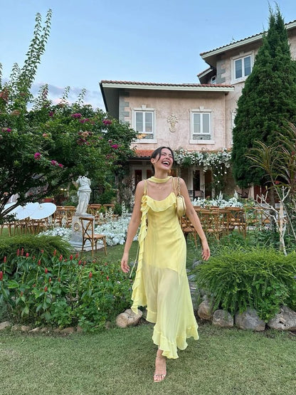 Modest A Line Spaghetti Strap Yellow Chiffon Prom Dresses With Scarf Inspo Formal Dress Party Outfits Prom Gowns AB117