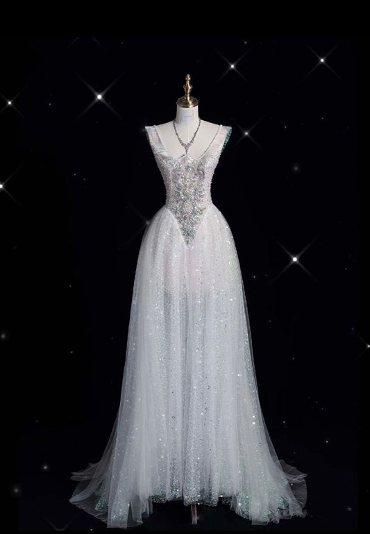 Charming Women's A Line Spaghetti Straps Sleeveless White Tulle Pleated With Beads Long Wedding Dresses AB1490