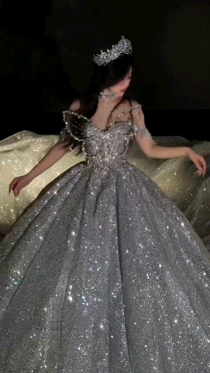 Ethereal Ball Gown Sweetheart Neck Silver Sequin Bling Long Wedding Dress Fairy Formal Brides Gown Wedding Dresses B09