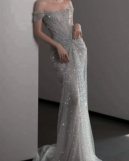 Charming With Short Sleeves Mermaid Silver Sequins Long Prom Dresses With Beadings Party Dress For Women AB1514