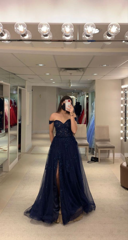 Ball Gown Off The Shoulder Marine Ball Dresses Floor Length Formal Gowns Tulle Navy Blue With Slit Prom Dresses Evening Dress AB742