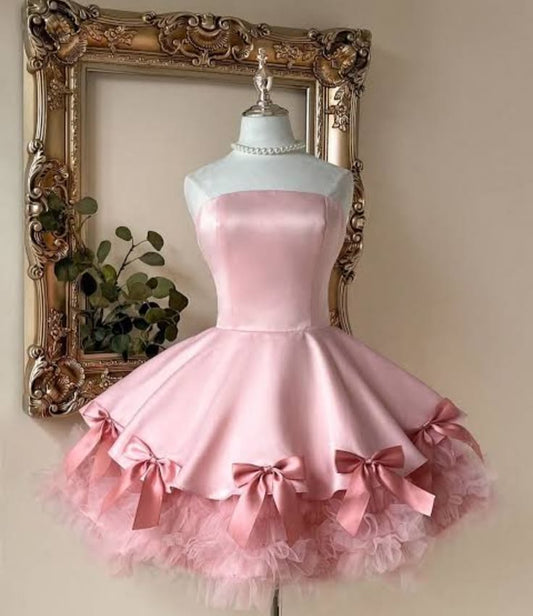 Dream Ball Gown Strapless Pink Satin Party Dress Short Mini 18th Birthday Dresses Hoco Outfits RB3528