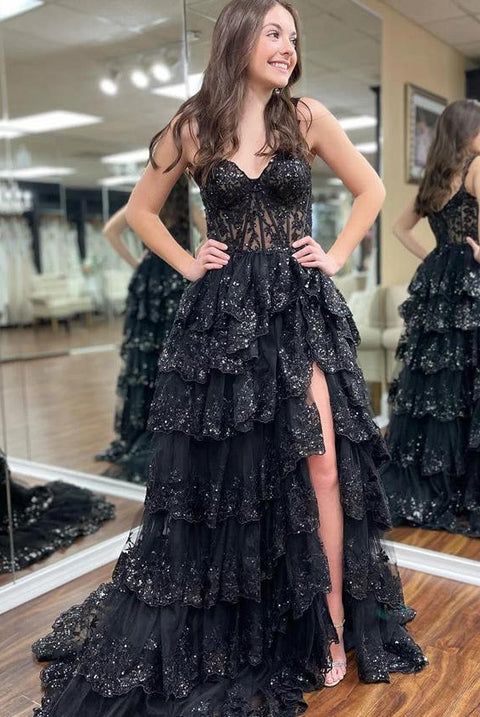 Sparkly Ball Gown Off The Shoulder Lace Slit For High School Teens Girls Prom Dresses Sequin Long Formal Evening Party Gowns N791