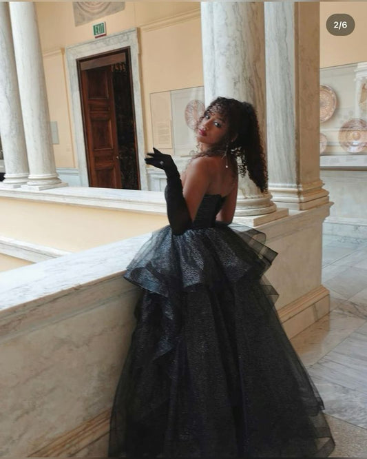 Ball Gown Strapless Black Prom Dresses Fashion Evening For Black People Girls Sequin Long Formal Party Gowns N792